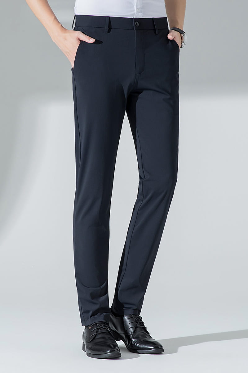 Men plus size stretch casual pants in black slim fit with smooth tailored fabric and subtle side seam detailing.