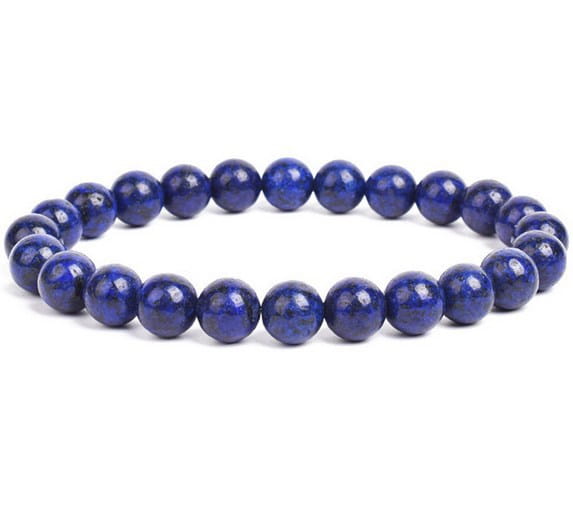 A unisex 8mm polished agate and amethyst stretch bracelet featuring deep blue lapis lazuli beads with a smooth surface and subtle golden flecks.