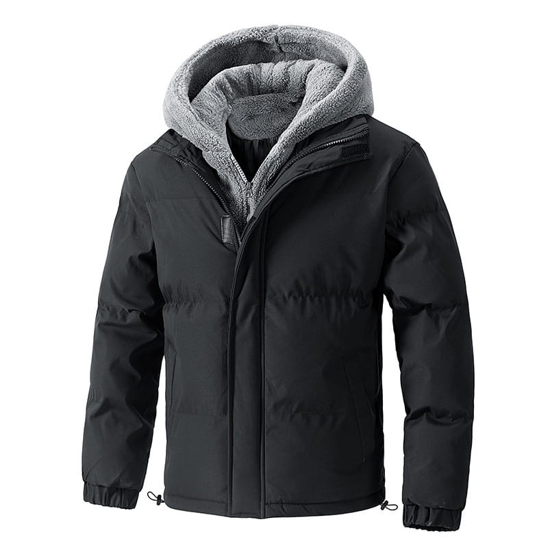 Black men’s fleece hooded quilted puffer jacket with gray fleece-lined hood and elastic cuffs