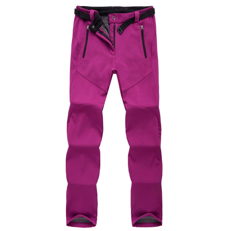 Vibrant magenta waterproof fleece ski pants for men and women featuring black zippers and an elastic waistband.