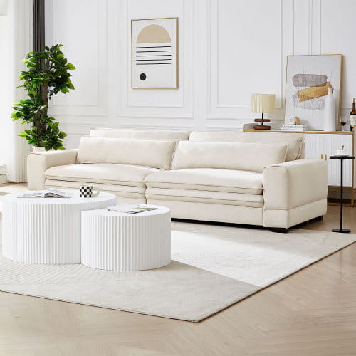 cremefarbene, besonders gepolsterte Mid-Century-Modern-4-Sitzer-Fabric-Sofa mit klaren Linien und subtiler horizontaler Steppung in Beige, mit einer Breite von 105 Zoll.