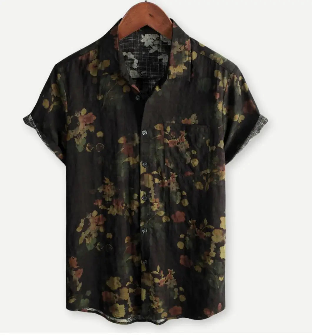 Black short-sleeved button-up Hawaiian shirt for men with a faded floral pattern in shades of yellow orange and muted red.