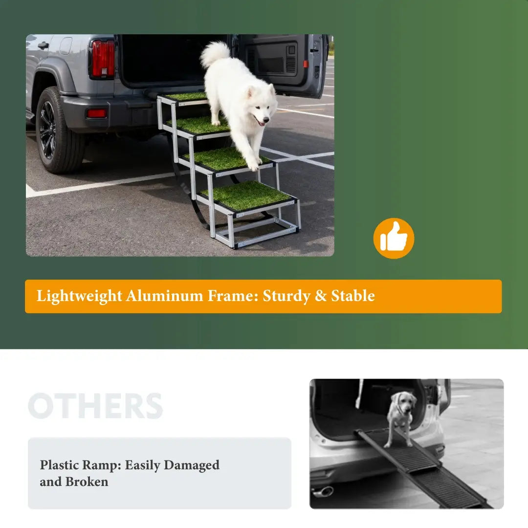 Foldable dog ramp for cars and suvs with a three-step lightweight aluminum frame and artificial grass surface designed for safe vehicle access and 250lb capacity.
