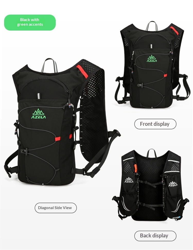 Black azela hydration backpack lightweight running vest 20l with green accents and breathable mesh panels designed for running.