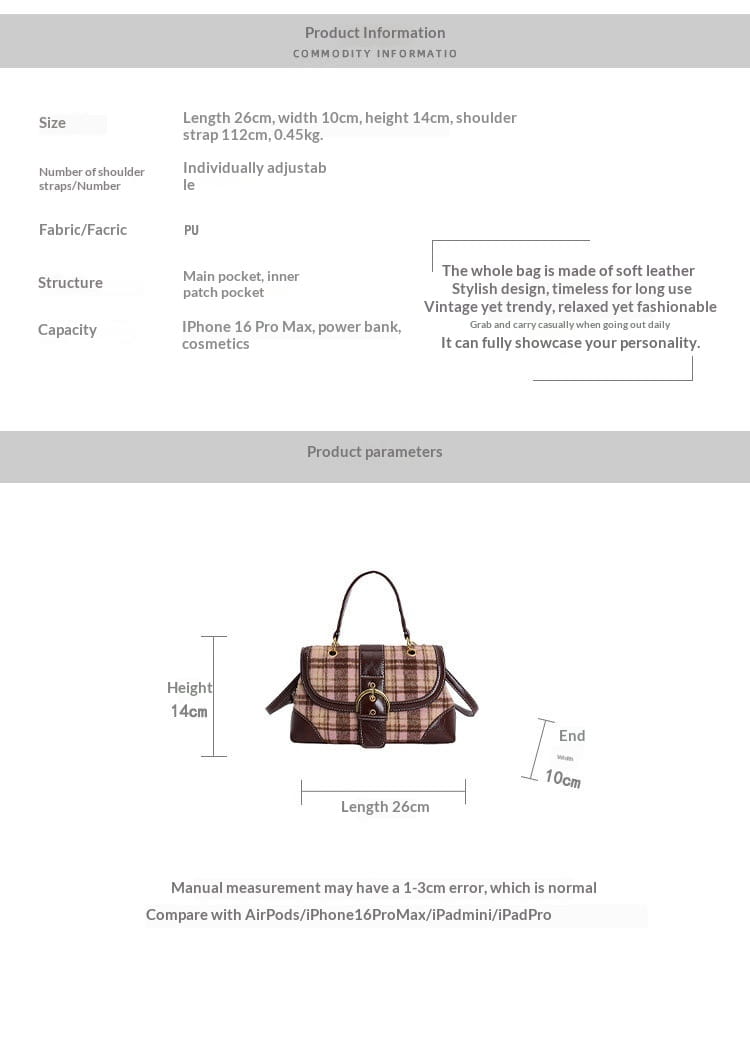 Bolso bandolera vintage de cuadros con cuero blando con estampado de cuadros en tonos marrón y beige, que presenta un cierre central con hebilla y un ribete de cuero marrón oscuro a contraste.