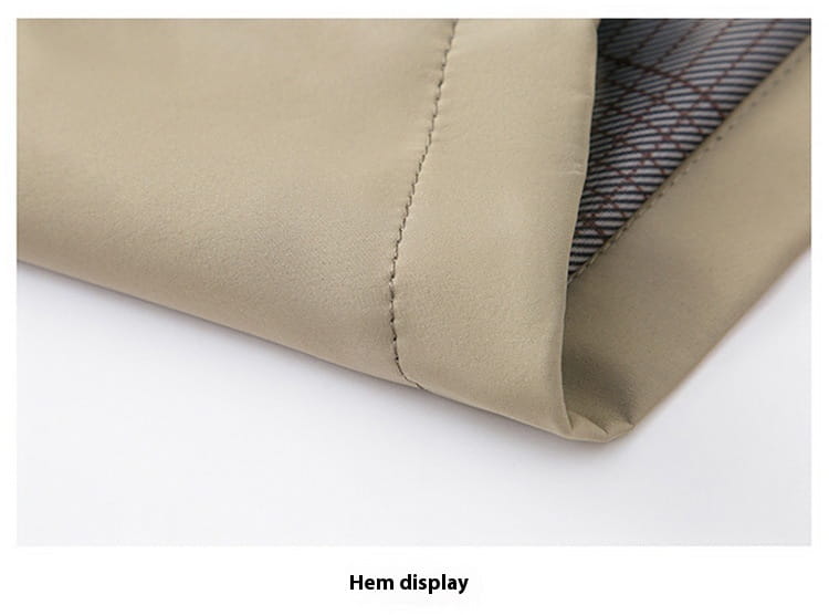 men casual polo bomber jacket beige nylon hem with visible stitching and contrasting dark gray plaid lining
