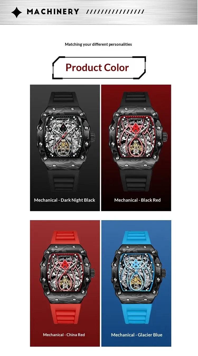 men’s barrel skeleton automatic mechanical sport watches with exposed gears in black red and blue featuring a square case design