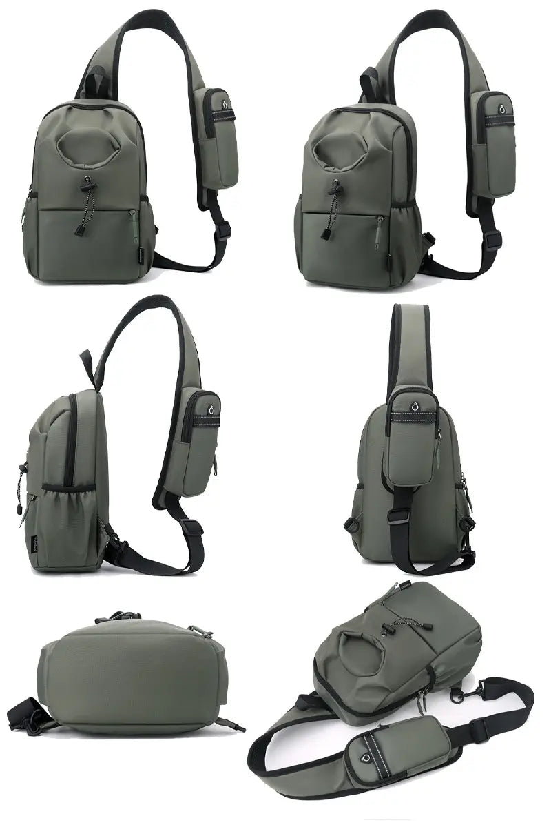 Graue wasserdichte Herren-Oxford-Gewebe-Minimalist-Crossbody-Brusttasche im taktischen Stil mit schwarzen Trägern und mehreren Reißverschlussfächern.