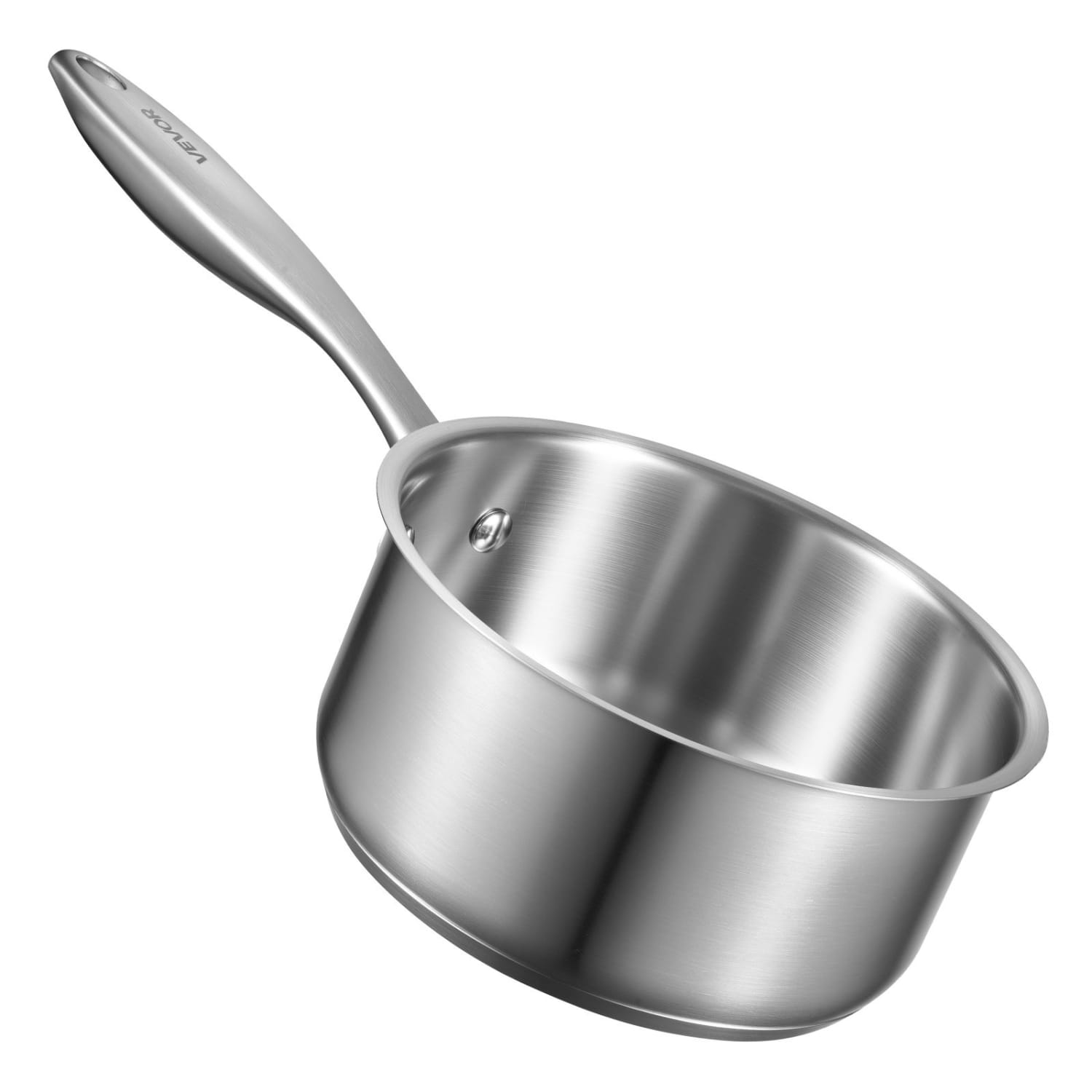 Stainless steel saucepan with a sleek polished finish and ergonomic handle featuring a 1.5 quart capacity and included steamer basket.