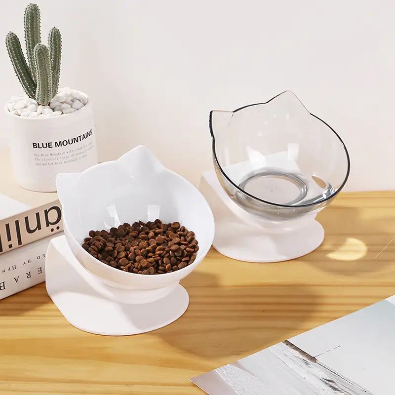 White orthopedic cat ear pet bowl in white with a curved ear-like rim and slanted pedestal base designed for neck protection.