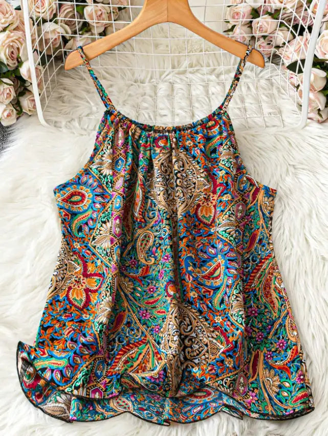 Top sin mangas con estampado de corazón para tallas grandes en un llamativo patrón cachemir multicolor, con tirantes finos y dobladillo fruncido.