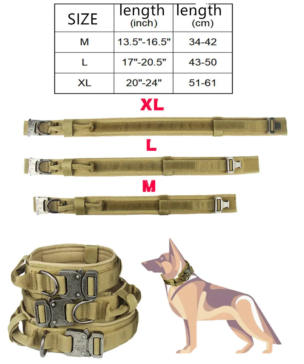 Collier tactique pour chien beige fabriqué en nylon 1000D durable, muni de boucles métalliques robustes et d’une sangle réglable.