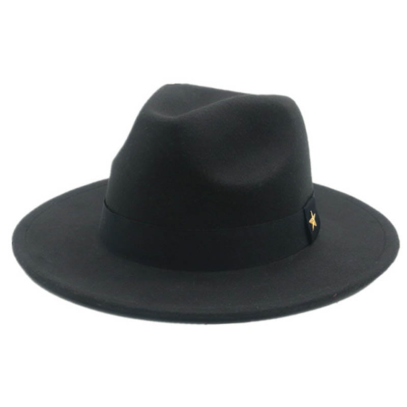 Black wool felt fedora hat featuring a gold star emblem on the side band.
