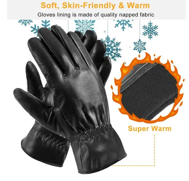 Schwarze Leder-Windschutz-Winterhandschuhe mit weichem, hautfreundlichem Nappastrick-Futter, konzipiert für den warmen Einsatz beim Fahren.