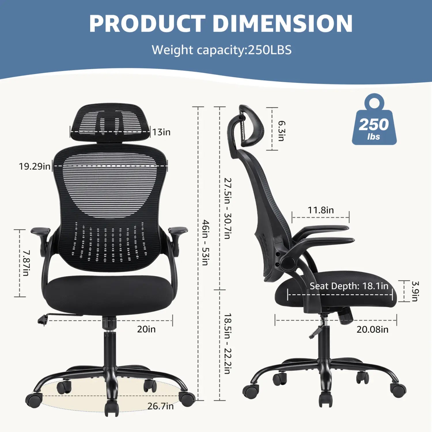 Chaise de bureau ergonomique en maille noire avec assise rembourrée, appui-tête réglable et accoudoirs relevables, conçue pour un confort optimal au bureau.