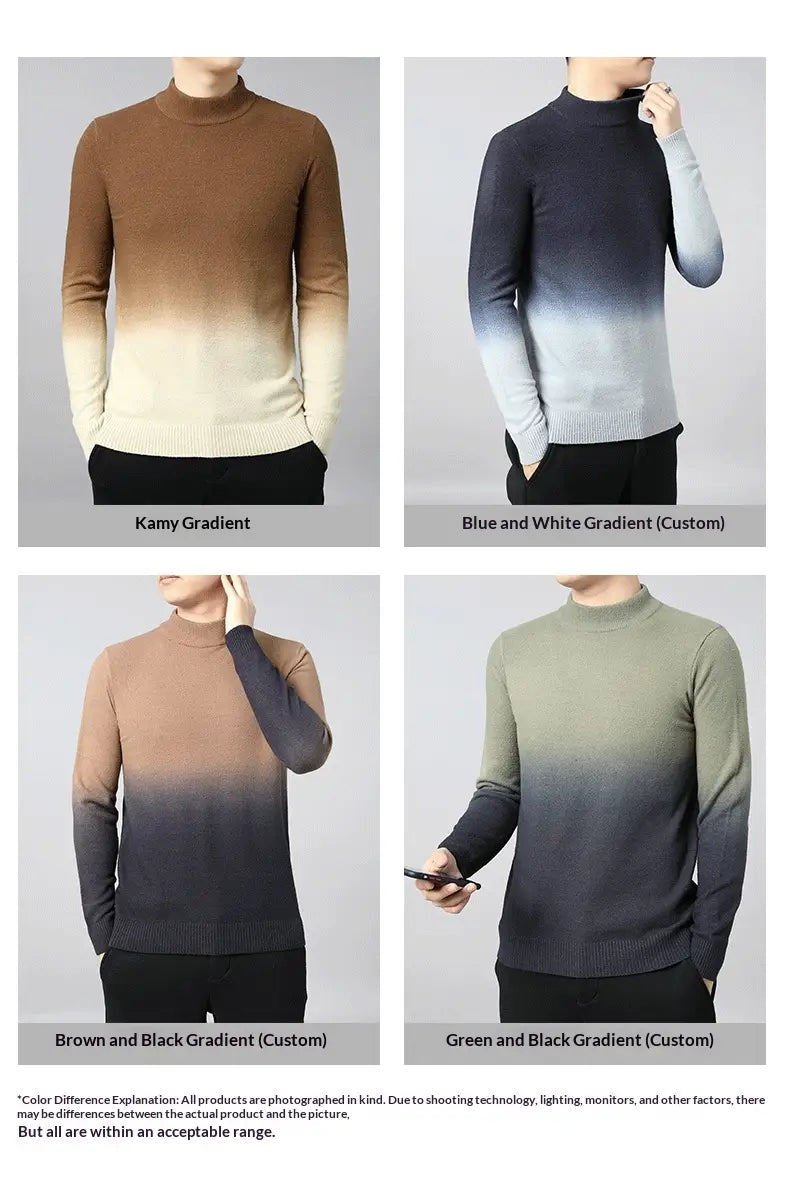 four fleece lined gradient turtleneck sweaters for men displayed in brown to cream, blue and white, brown and black, and green and black color schemes.