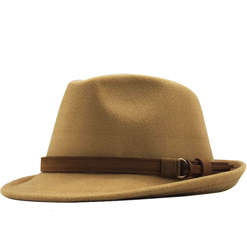 Tan wool fedora hat featuring a brown leather strap with a buckle.