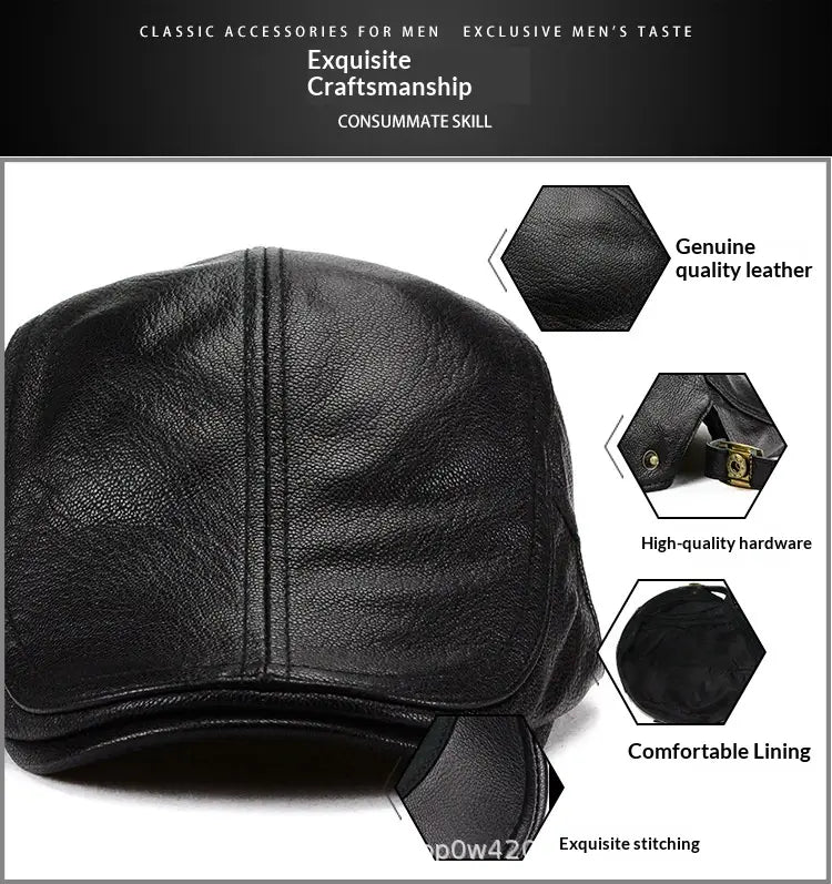 Black leather flat cap for men with a classic flat-top design and subtle stitching details ideal for warm winter wear