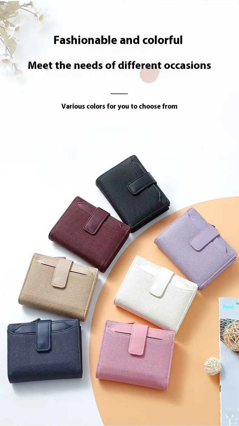 A collection of leather wallet women’s short woven textured purses in black burgundy beige white navy blue and pink colors.