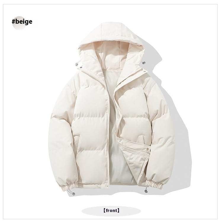 Beige Damen-Kapuzensteppjacke mit wattierter Polsterung mit Stepp-Design und elastischen Bündchen.