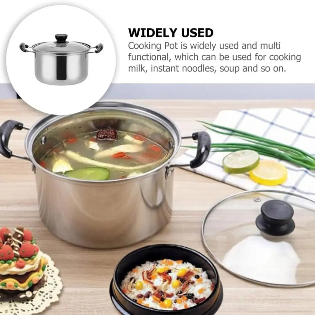 Stainless steel cooking pot with black handles and clear glass lid from a 5 piece induction cookware set.