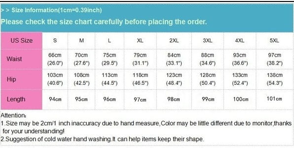Tableau des tailles pour une jupe longue maxi en satin taille haute, dans un style ample et fluide, présentant les tailles de S à 5XL avec des mesures en centimètres et en pouces.