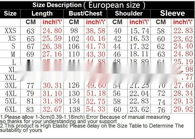 Tabla de tallas para una sudadera tipo hoodie de Santa Claus con ribete de piel sintética y estampado de bandera estadounidense, que muestra mediciones de alta elasticidad en centímetros y pulgadas en tallas europeas de XXS a 6XL.