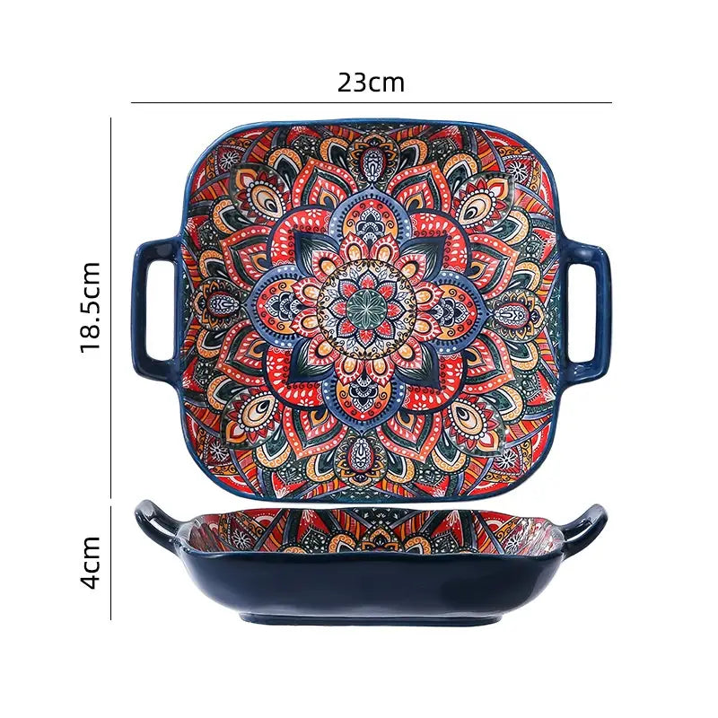 Square ceramic mandala serving bowl hand painted with vibrant intricate red orange and blue design on a dark navy base with 400ml capacity.