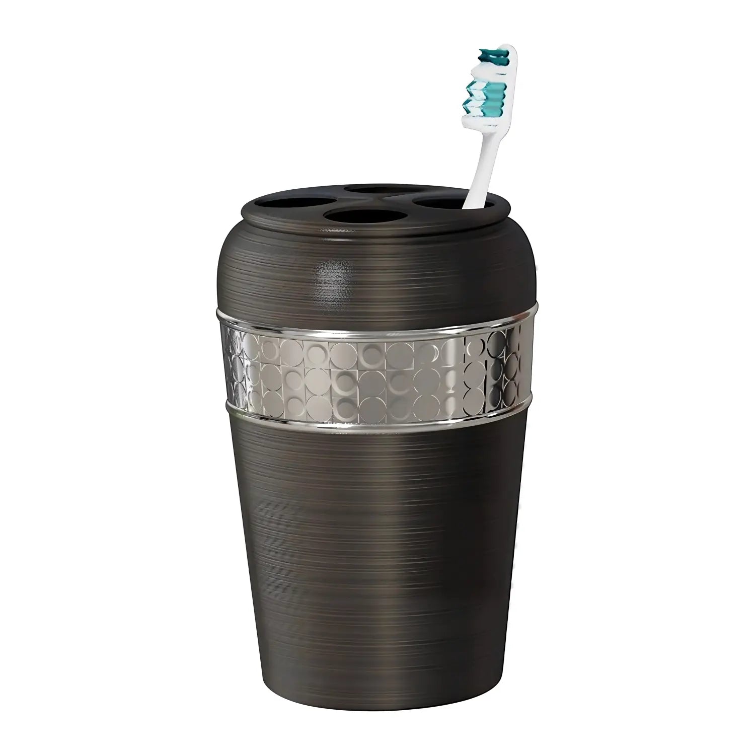 Zahnputzbecherhalter aus Edelstahl in geölter Bronzeausführung mit dunkler Bronzeoberfläche und silbermetallischem Band mit kreisförmigen erhabenen Mustern.