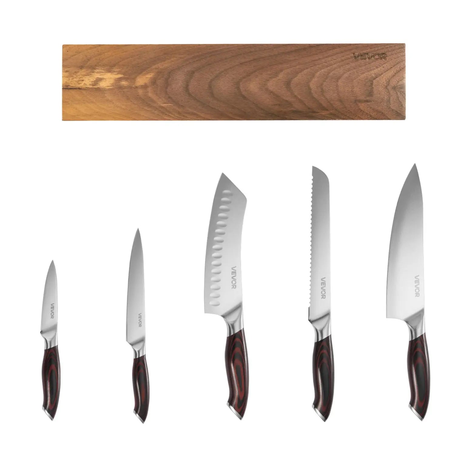 Set of five stainless steel damascus kitchen knives with dark wood-patterned handles displayed with a matching wooden magnetic knife holder.
