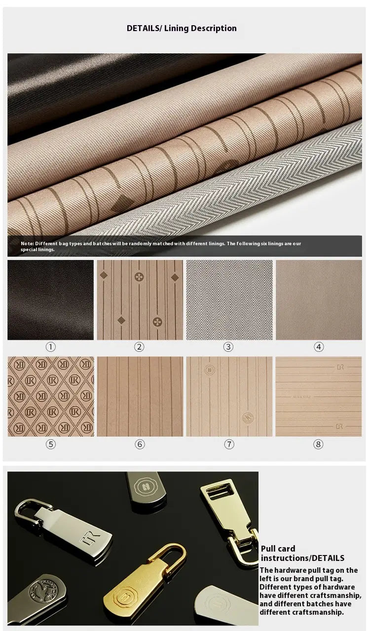 Das Bild zeigt Stofffutter mit verschiedenen Mustern sowie Beschlag-Zuganhänger für eine zweifarbige Webleder-Crossbody-Handtasche mit goldfarbenen Beschlägen in neutralen Tönen.