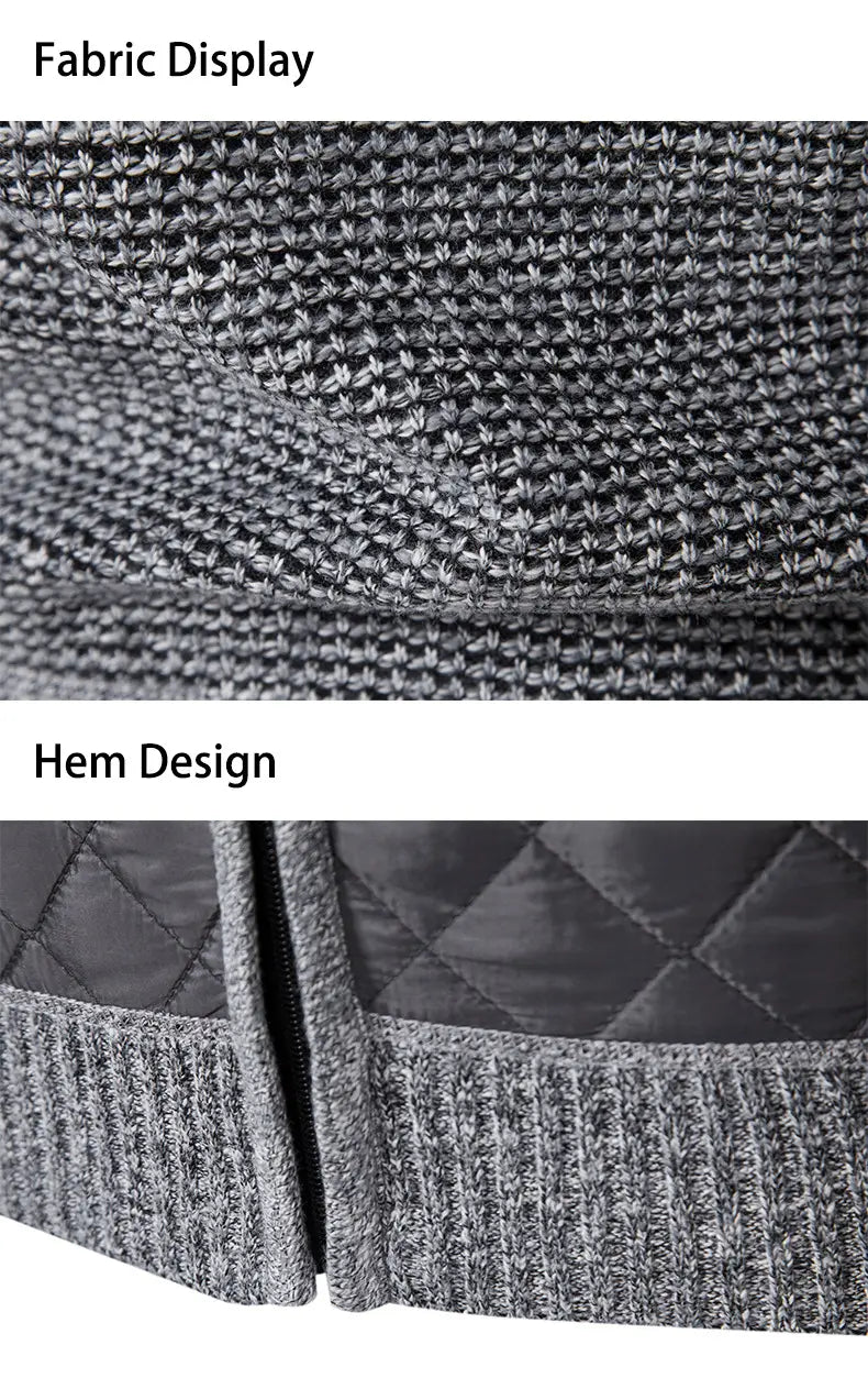 cardigan pour homme en maille texturée grise à col montant, avec un design d’ourlet matelassé