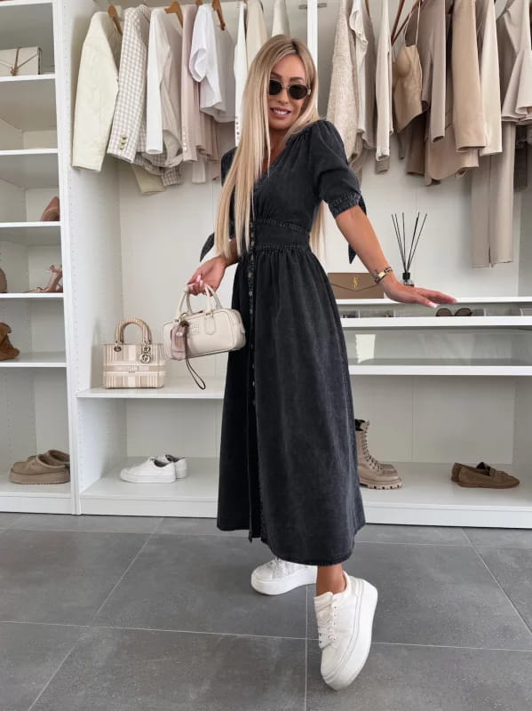 Black velvet midi dress with lace trim at the sleeves and a button-down front styled as a button front denim midi dress with puff sleeves.