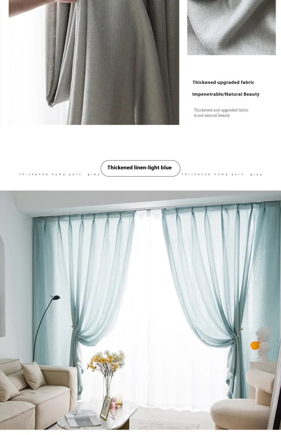 light blue textured sunscreen linen curtains with a thickened fabric and soft flowing drape for home use