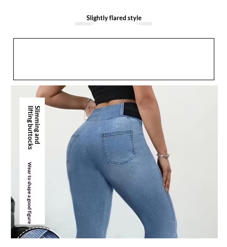 hellblaue Schlaghosen mit elastischem Bund aus leicht gewaschener Denim-Optik, mit hoher Taille und leicht ausgestelltem Schnitt