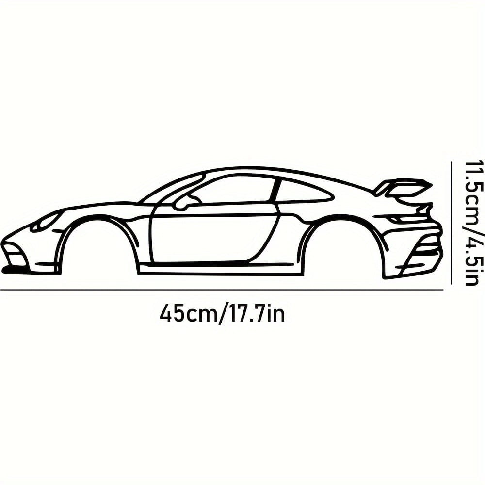 Schwarz gezeichnete Line-Art-Aufklebersilhouette eines Porsche 911 Sportwagens, dargestellt in Metall-Wandkunst mit einem Design im Stil einer Retro-Autosilhouette.