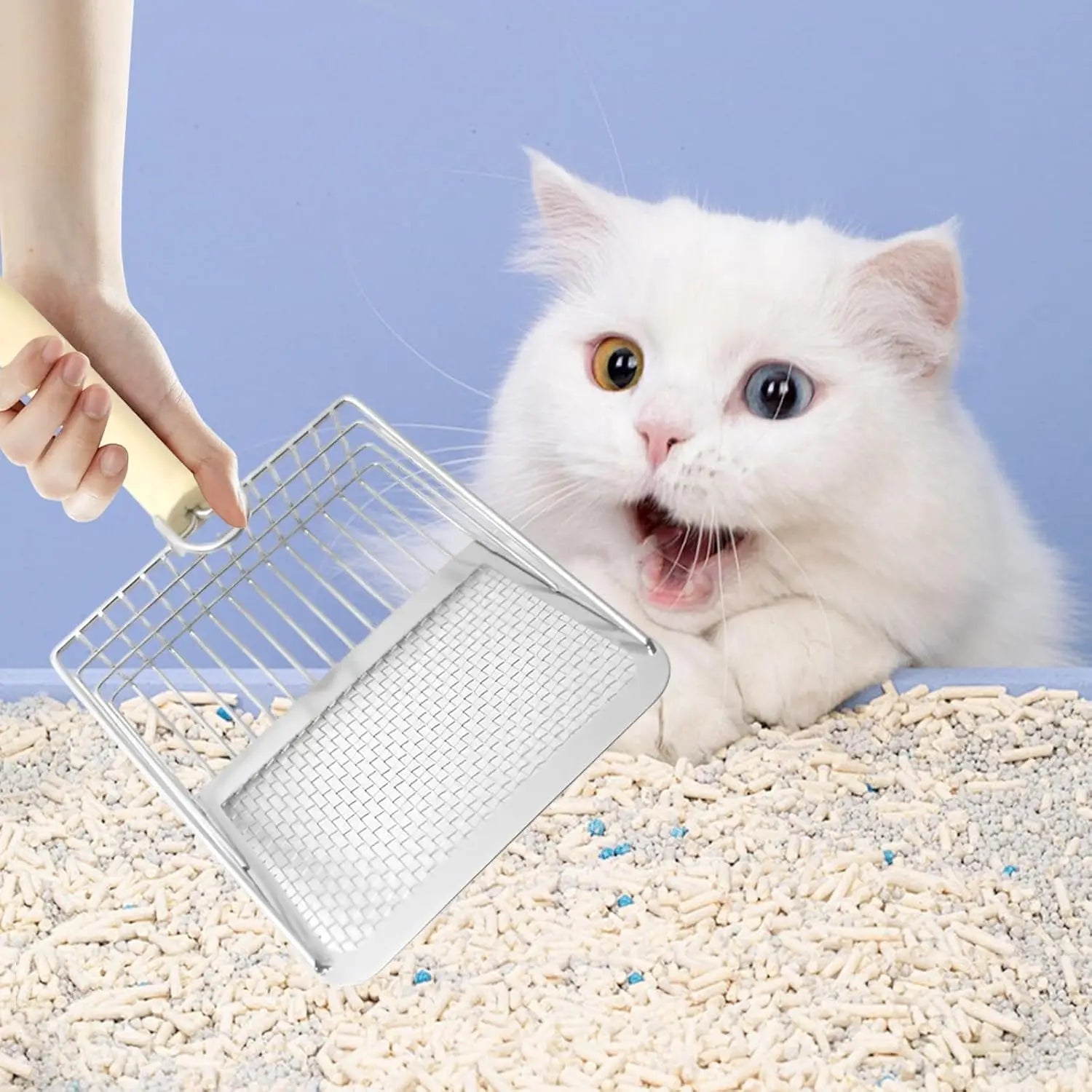 Silver metal cat litter scoop with a light-colored wooden handle designed as a rose gold metal cat litter scoop with wood handle.