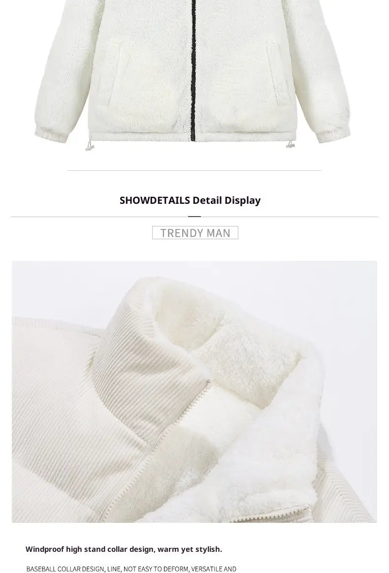 Weiße flauschige Cord-Pufferjacke mit hohem Stehkragen und warm gefüttertem Jackendesign