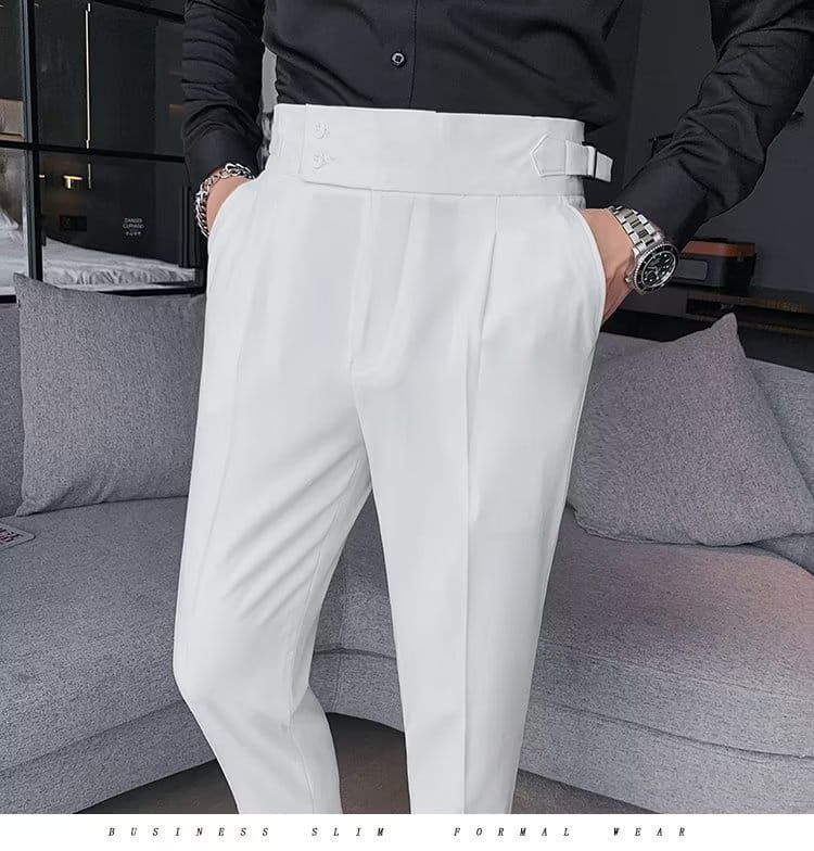 White slim-fit formal men trousers in Korean style with high waist, pleated front, and matching belt loop detail.
