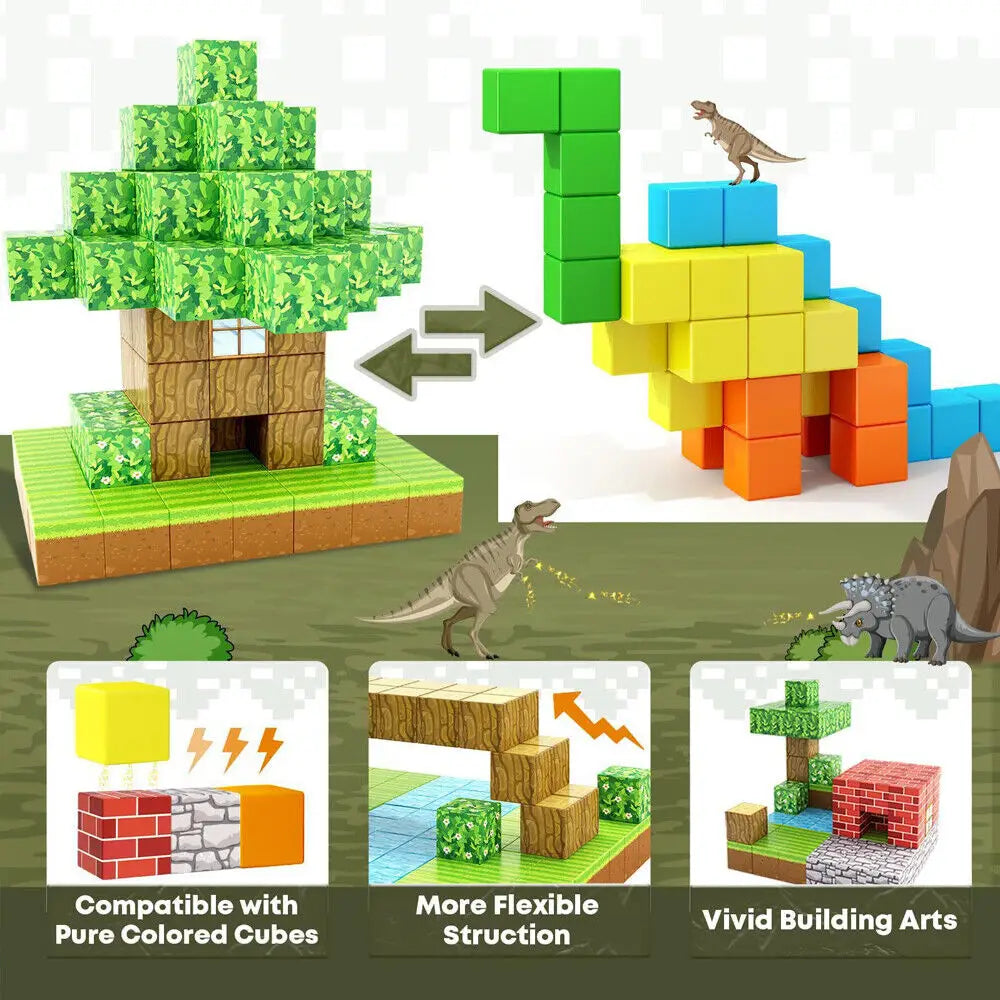 minecraft magnetic building blocks 100pc educational toy featuring colorful interlocking plastic pieces designed to resemble minecraft-style structures and dinosaurs.