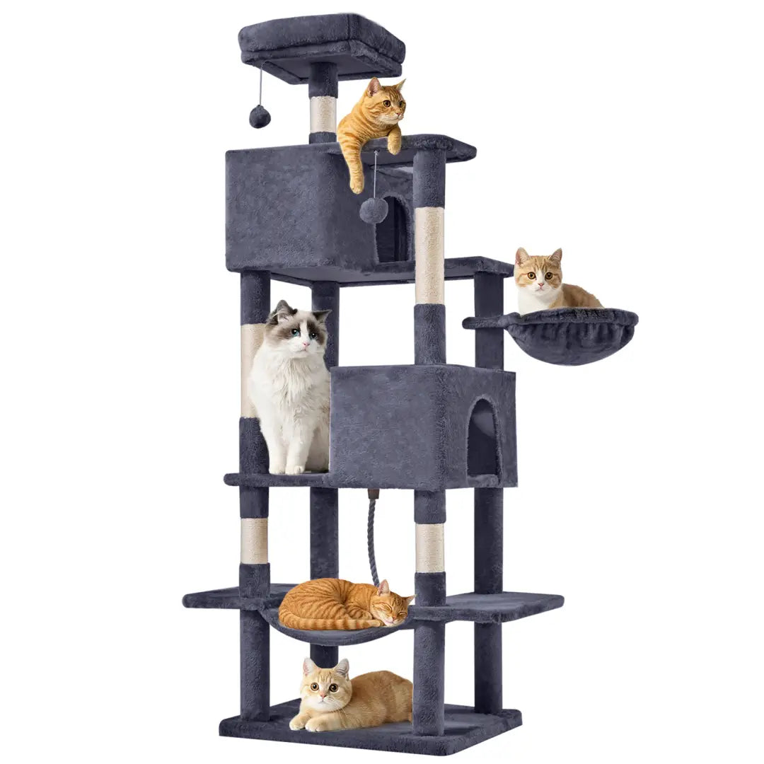 Dark gray 66 inch multi-cat tree tower and condo with plush platforms, scratching posts, and a hanging ball toy designed for multi-level climbing and play.