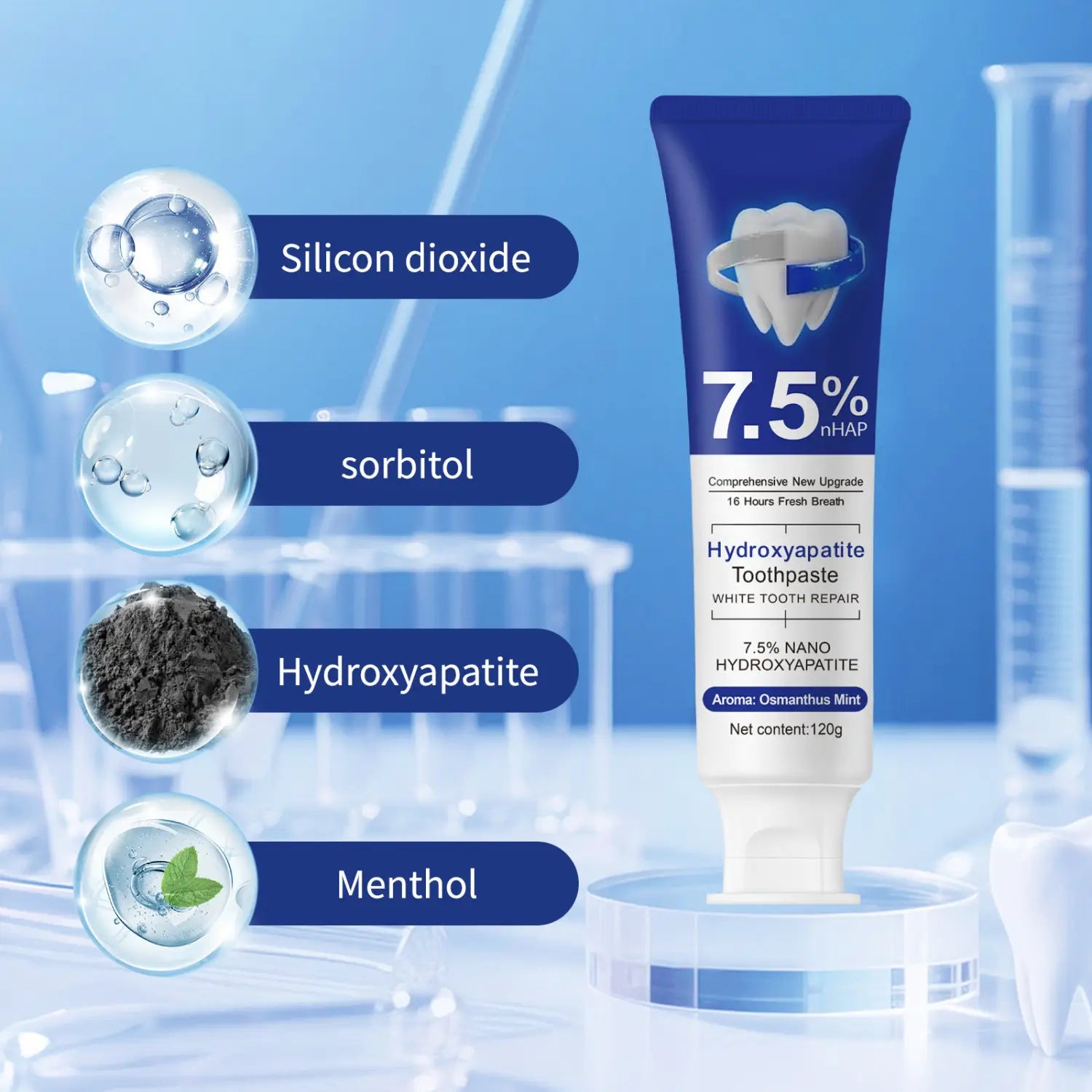 a blue and white tube of hydroxyapatite toothpaste 7.5% nhap osmanthus mint with a tooth icon on the label