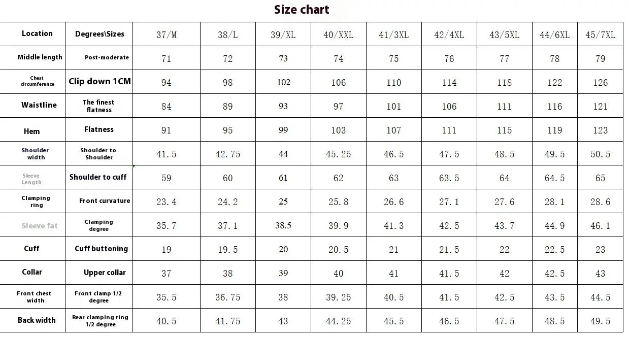 Tableau des tailles en centimètres pour chemise habillée sans repassage pour homme en grande taille, détails des mesures de la taille 37 m à 45 xxl.