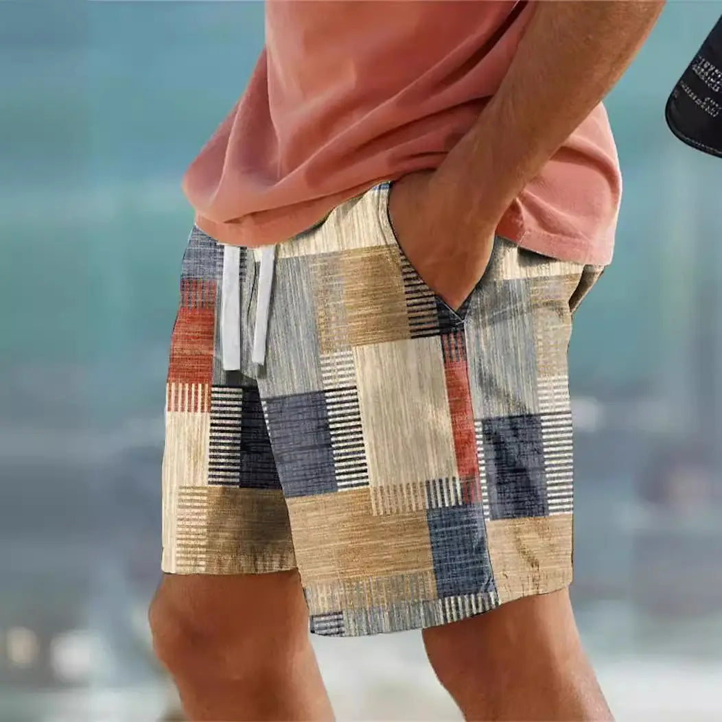 Men’s patchwork houndstooth streetwear casual shorts feature a patchwork design with earthy tones of beige navy blue and rust red accented by subtle striped patterns on each panel.