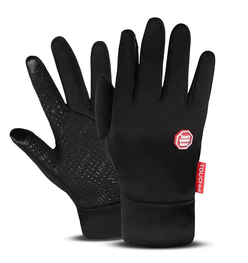 Black usb heated cycling gloves with touchscreen compatibility, windproof design, textured palm, and red branding shown from the back side.