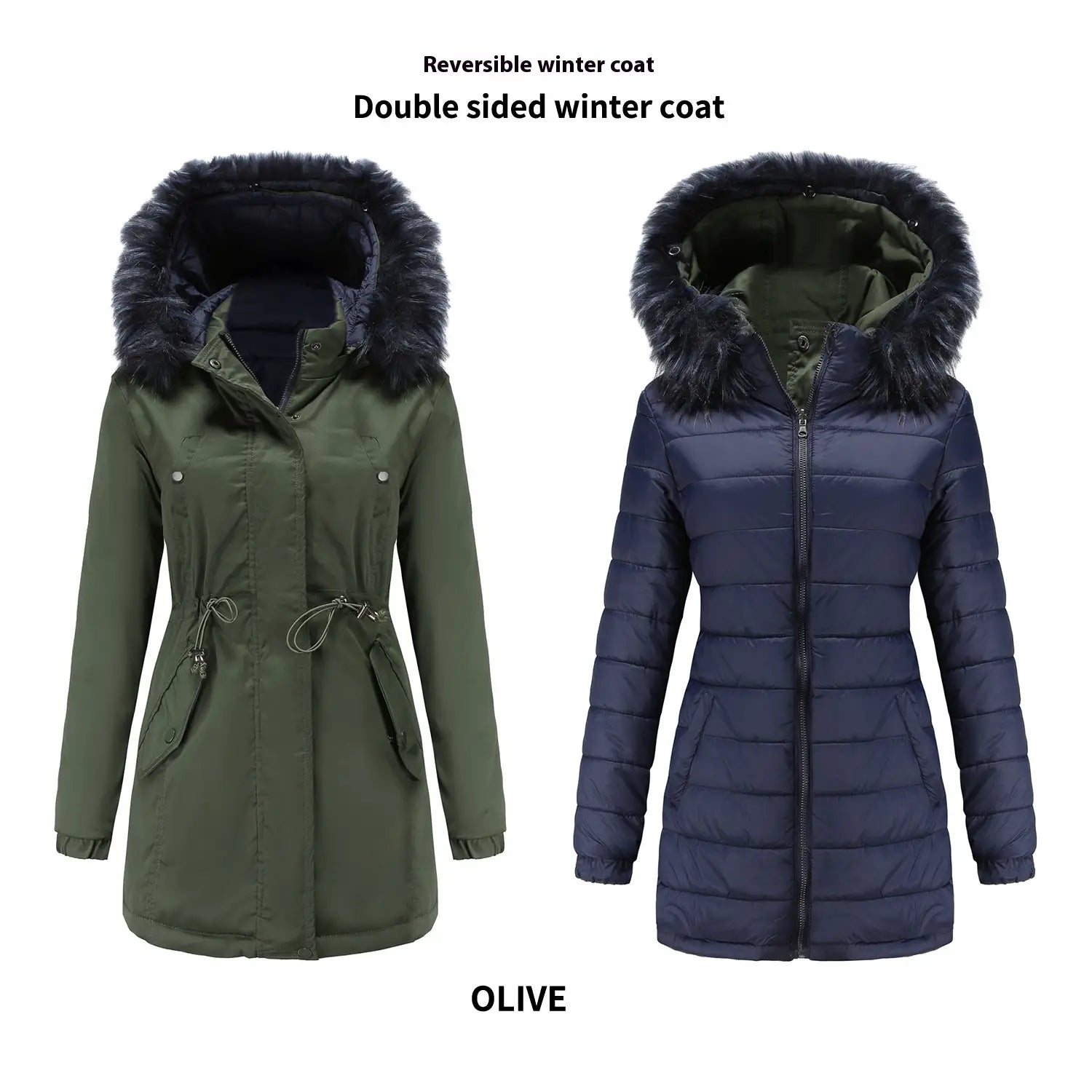 reversible fur collar quilted parka with plush dark fur-lined hood featuring olive green quilted side and navy blue puffer side for winter wear