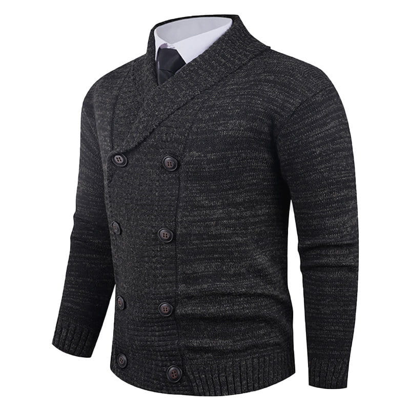 Men’s double-breasted knit cardigan in dark gray with a textured fabric and matching buttons.
