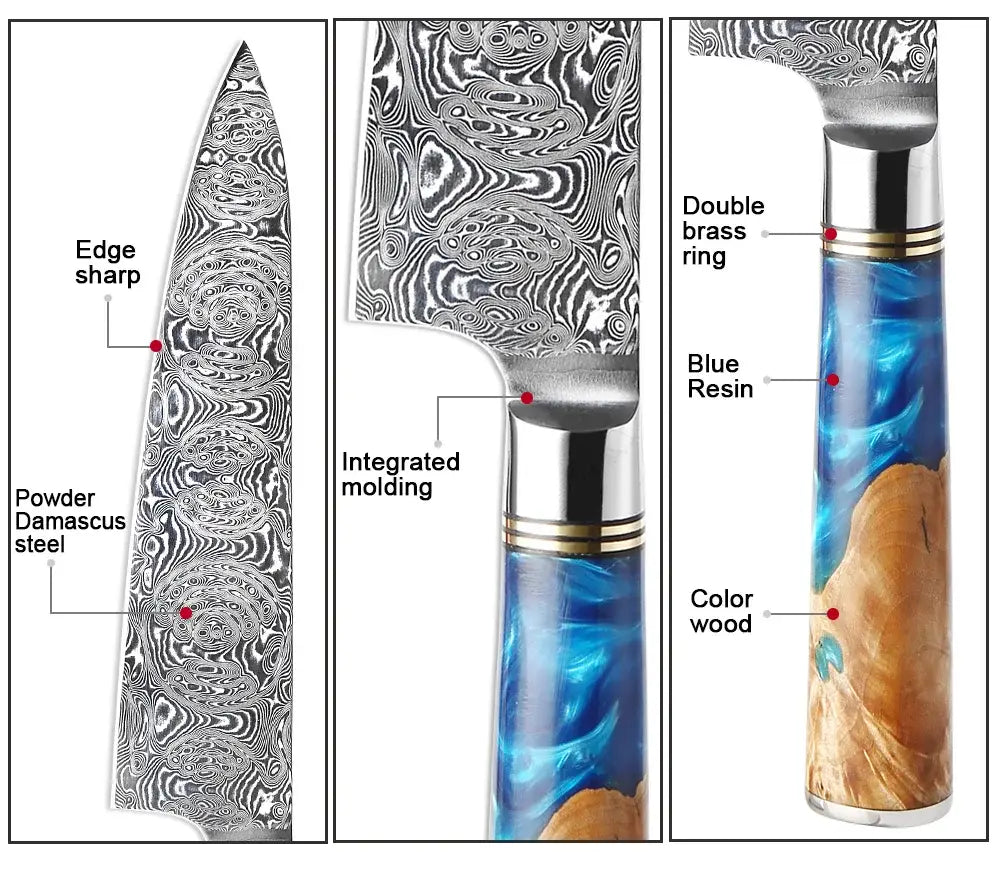 Cuchillo de chef elegante de acero damasco de Damasco con hoja de polvo y un mango ornamentado con resina azul, madera de colores y doble anillo de latón.