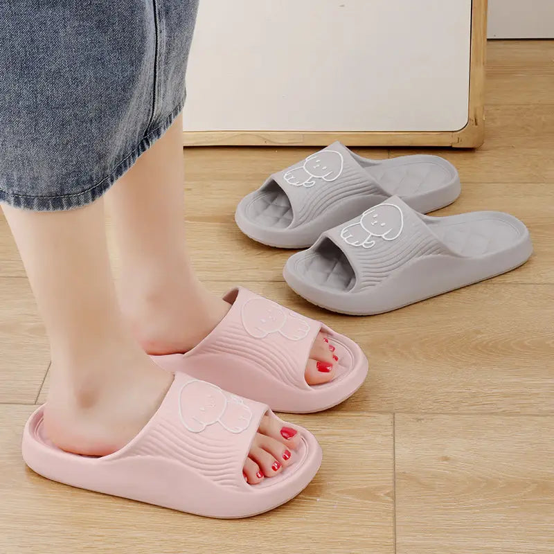 pink and gray dog cartoon slide sandals with non slip soft rubber eva soles designed as comfortable house shoes