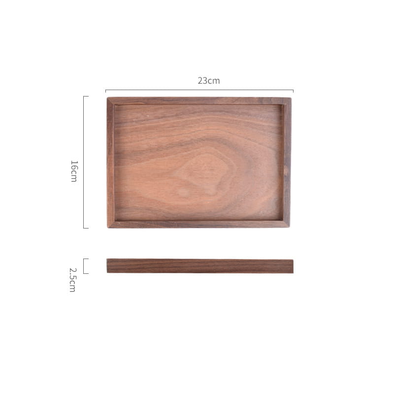 Acacia wood rectangular serving tray with smooth natural walnut grain finish and raised edges hand polished for elegant serving use